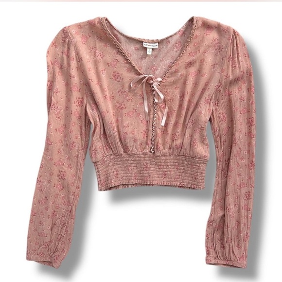 Vintage Pink Floral Fairy Victorian Puff Sleeve Corset Lace-Up Top sz L - Picture 1 of 7